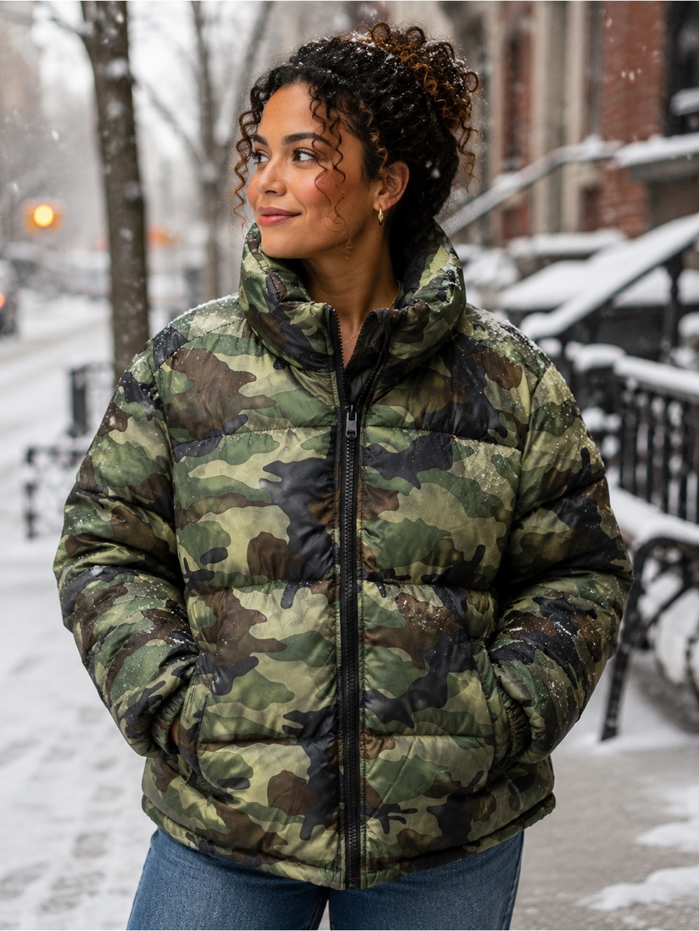 Forever 21 Camo Puffer Jacket Women's Small Green Black Zip Front Lightweight
